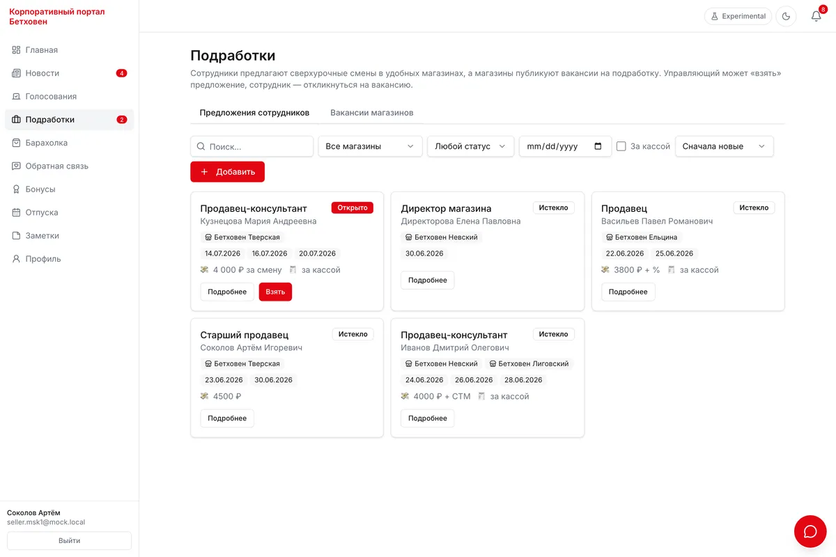 Gigs board: employee offers and store vacancies with rates and dates