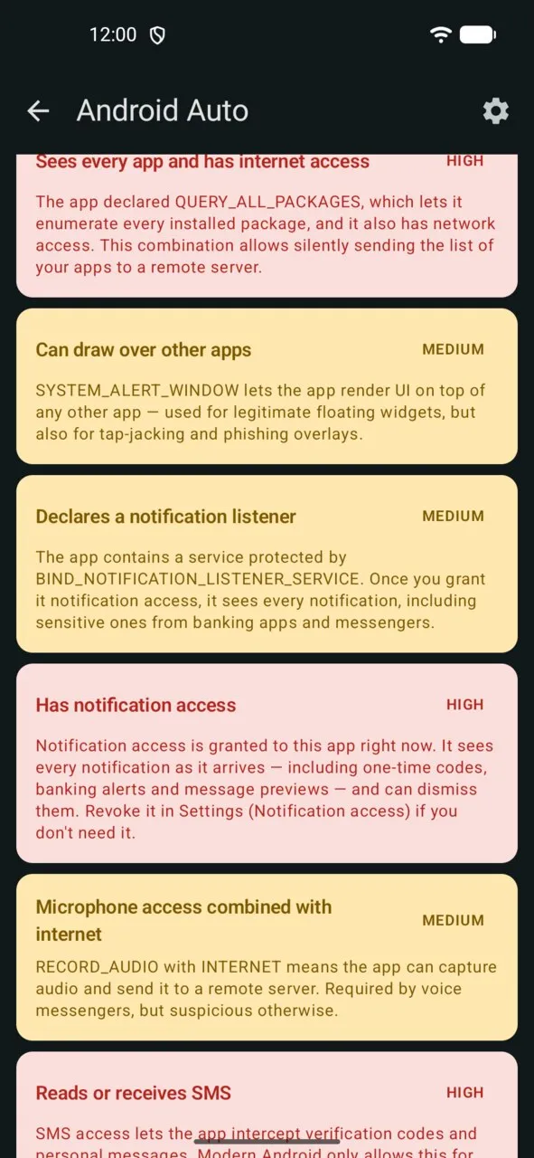 Per-app report: a notification listener that is declared (MEDIUM) and turned on right now (HIGH)