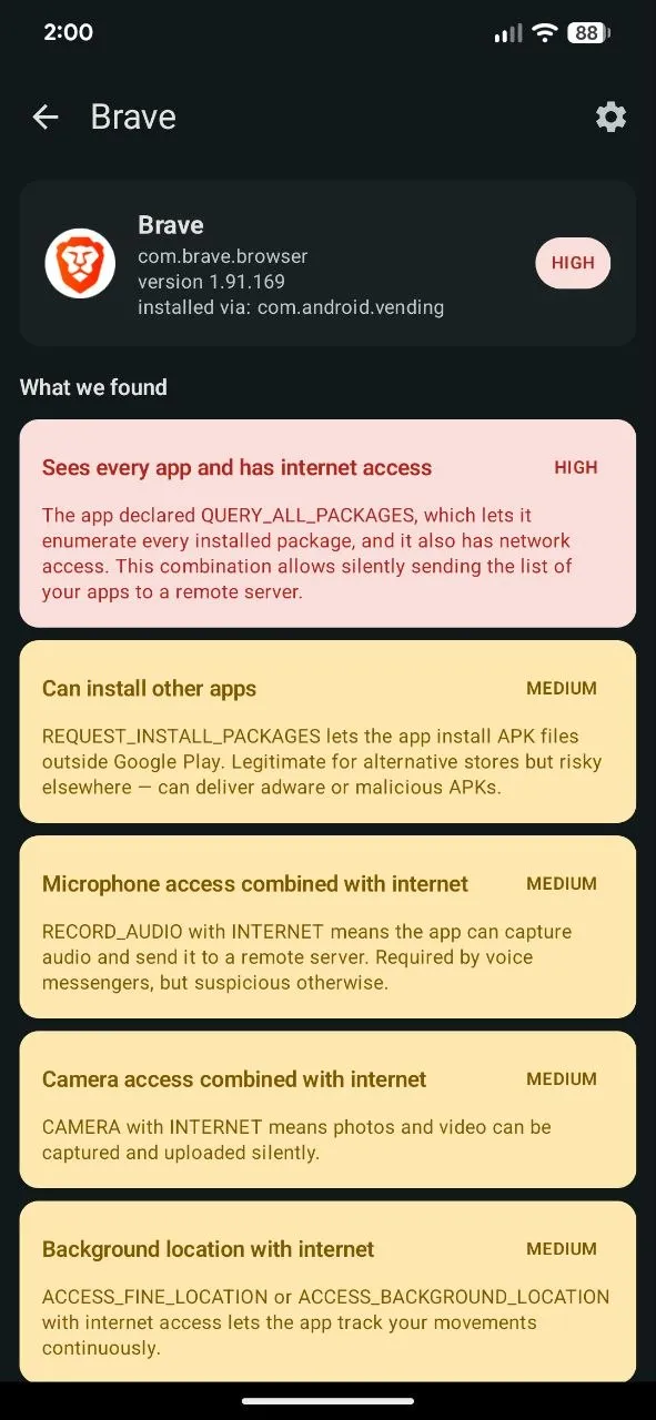 Per-app report: what is risky and why, in plain language