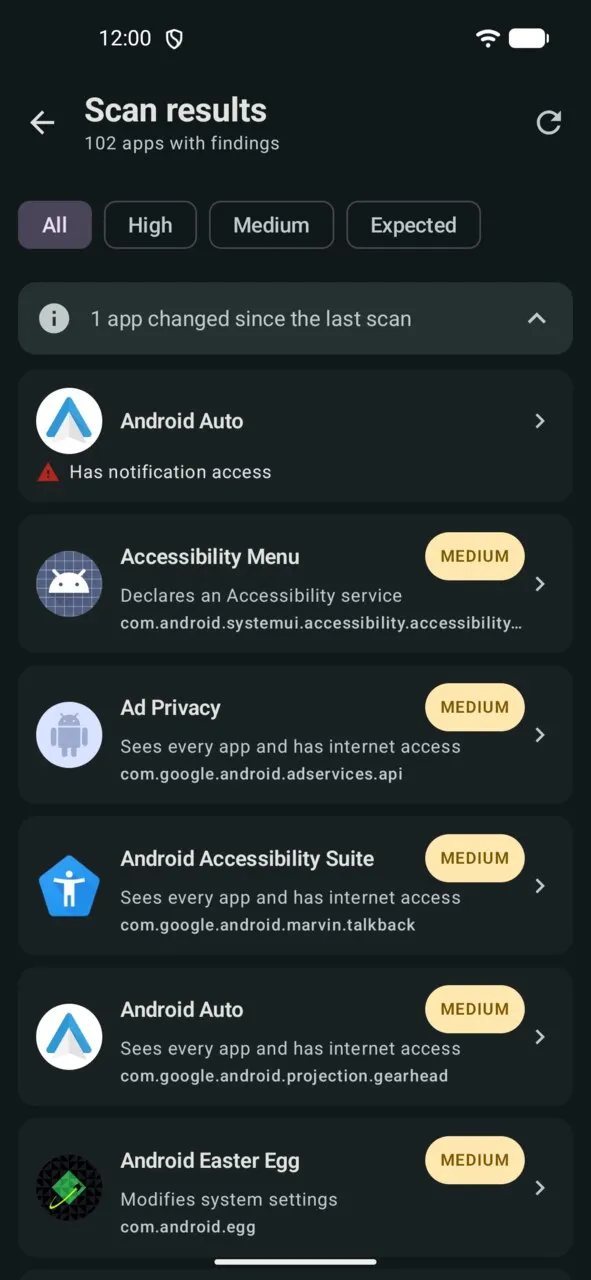 Scan results: the expanded changes banner with a new finding, and the risk level of every app